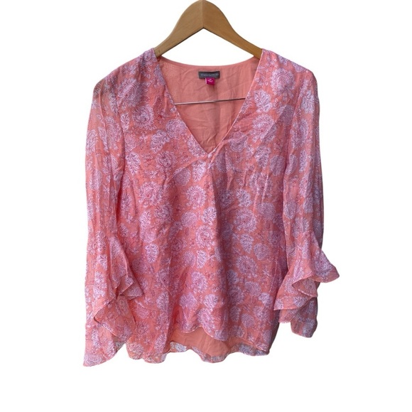 Vince Camuto Orange Coral Floral Flutter Sleeve Blouse I Size: M - Picture 2 of 9